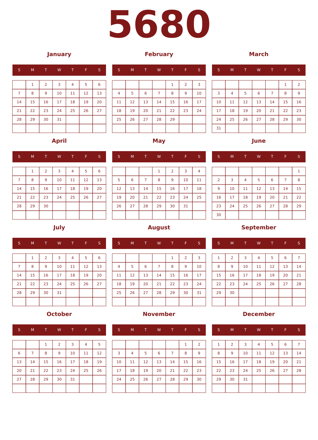 Printable 5680 Year Calendars falu