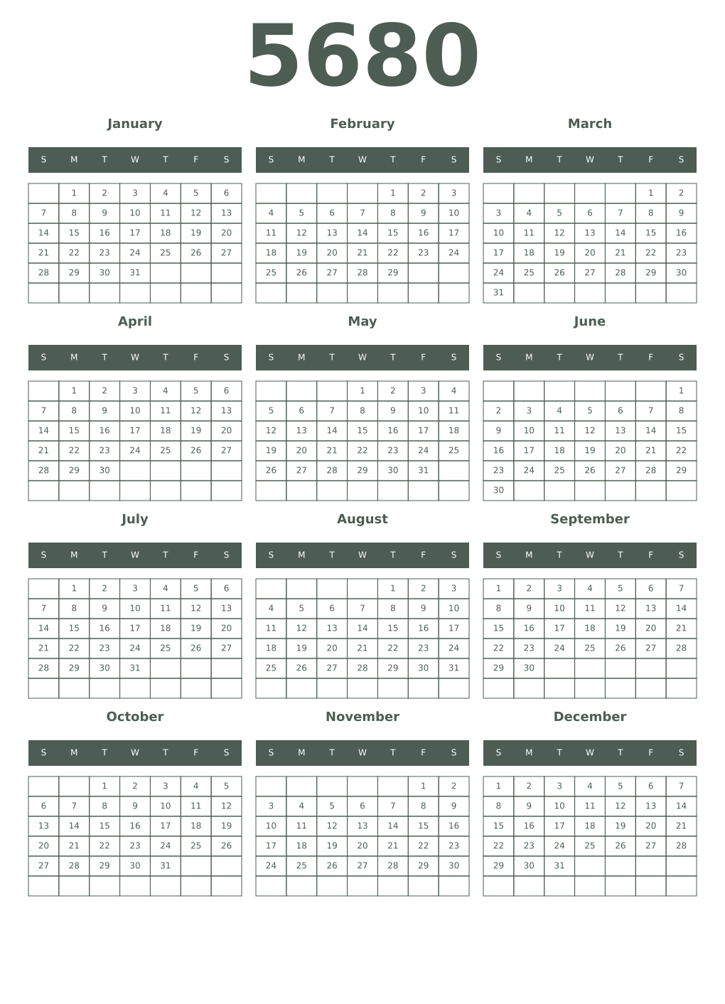 Printable 5680 Year Calendars feldgrau