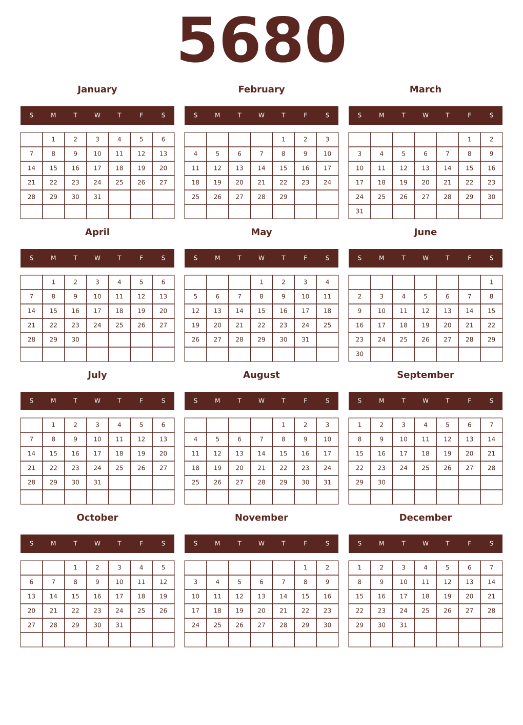 Printable 5680 Year Calendars mortuum