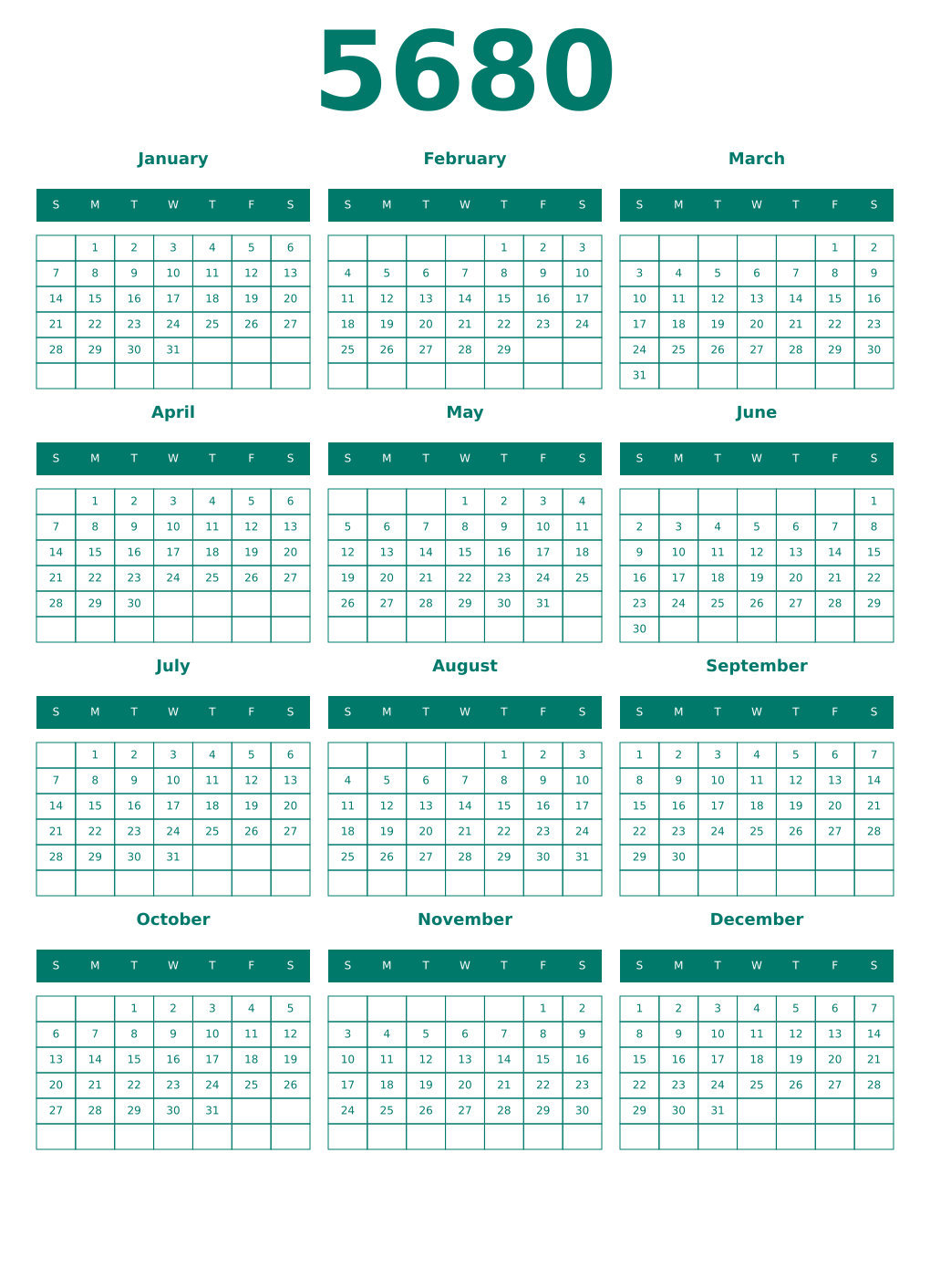 Printable 5680 Year Calendars pastel