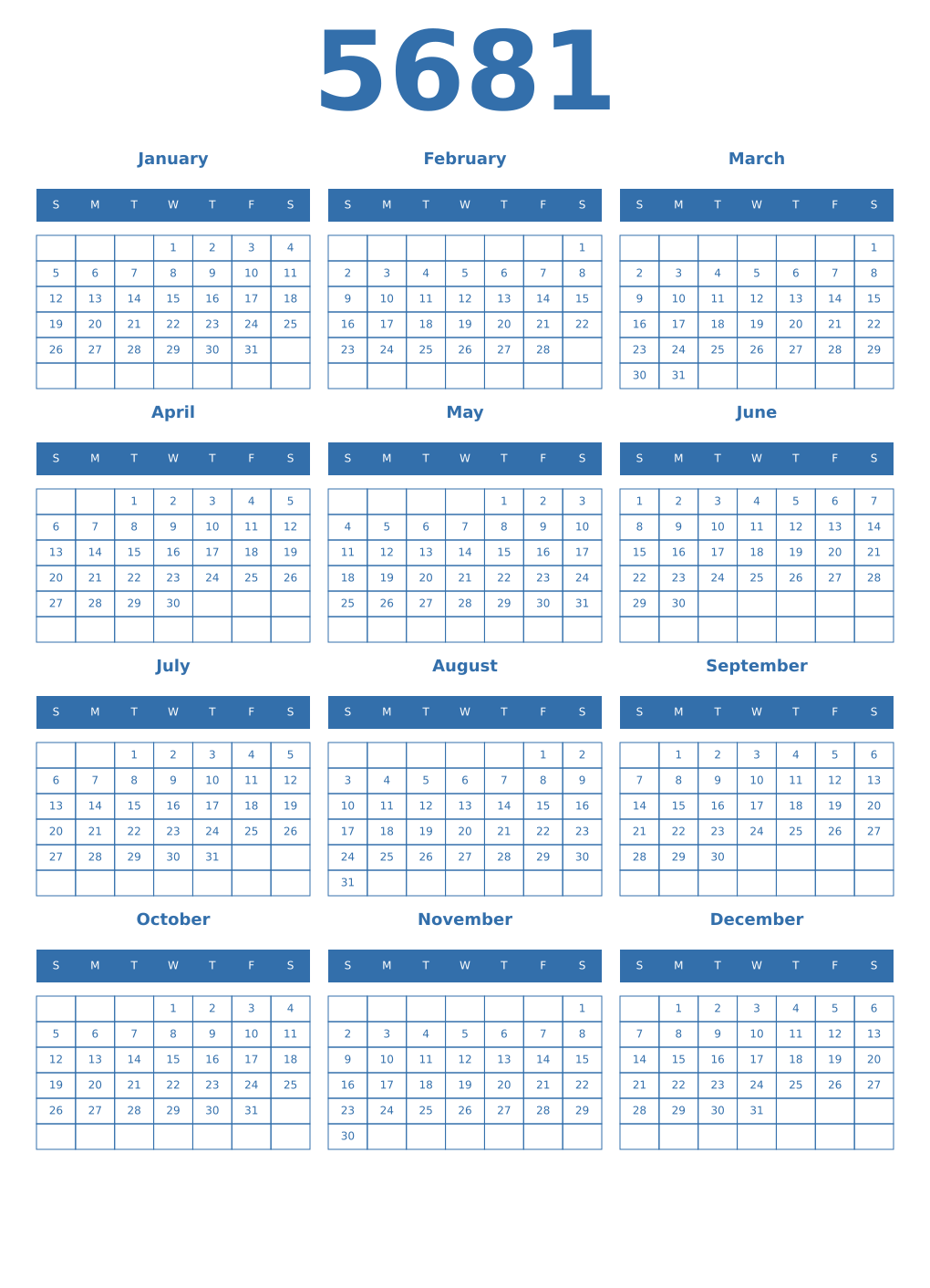 Printable 5681 Year Calendars blue