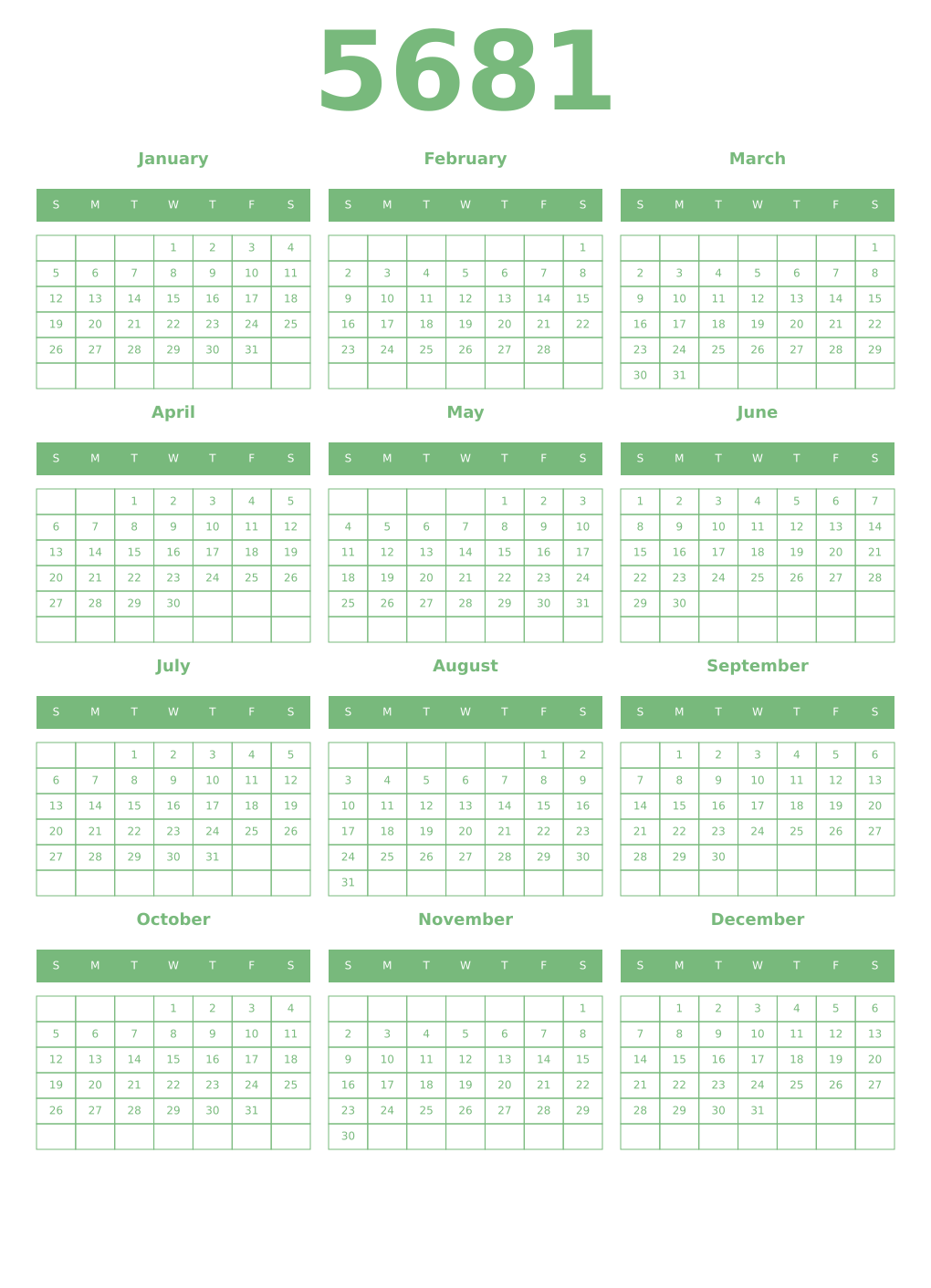 Printable 5681 Year Calendars celadon