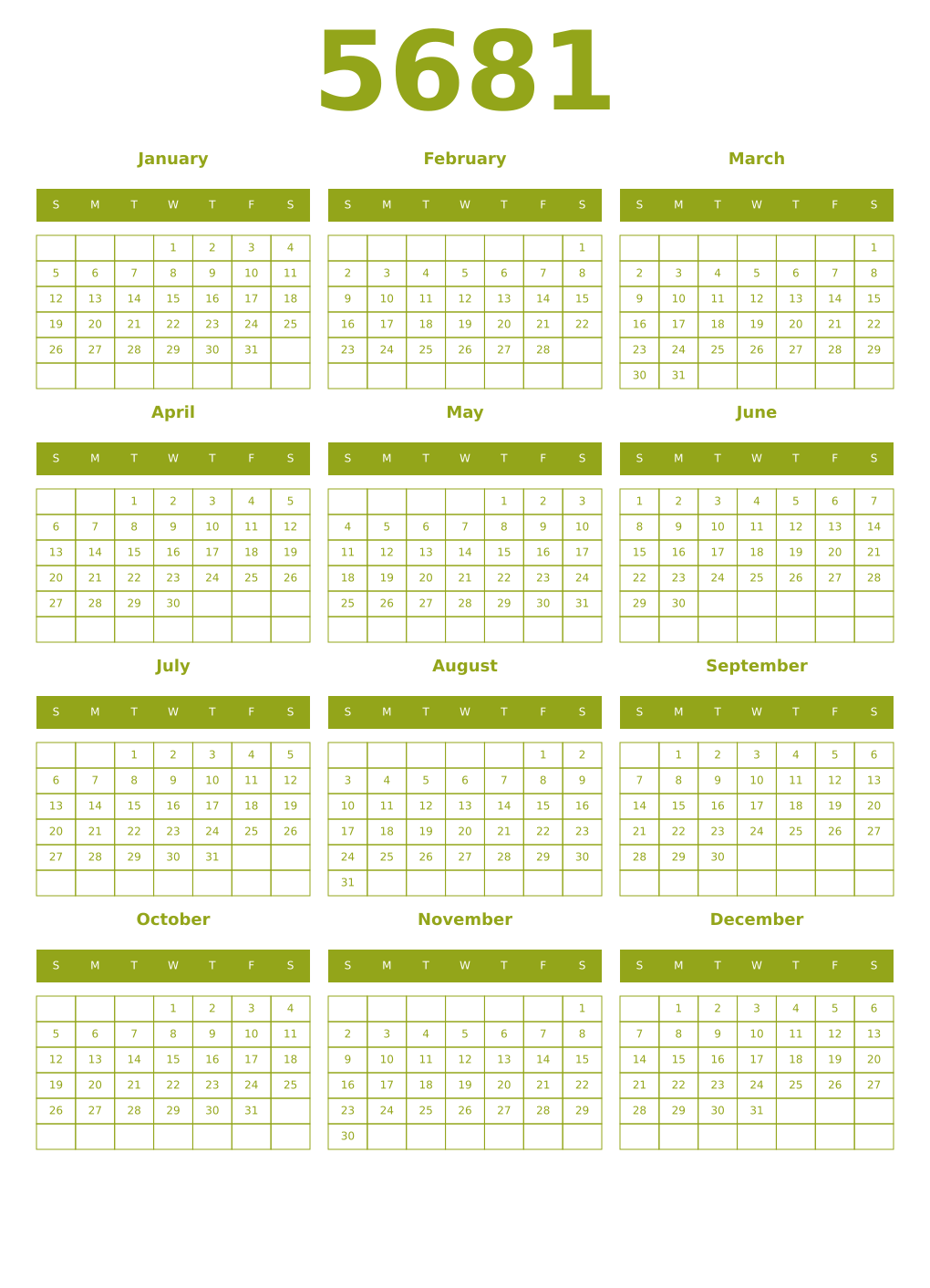 Printable 5681 Year Calendars chartreuse