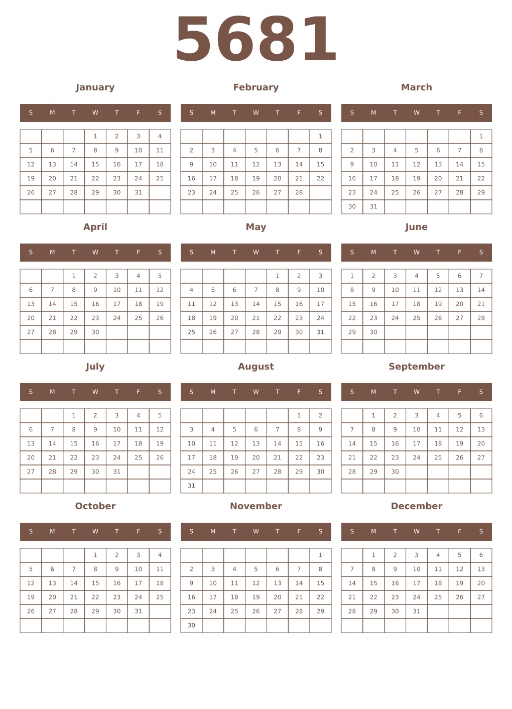 Printable 5681 Year Calendars coffe
