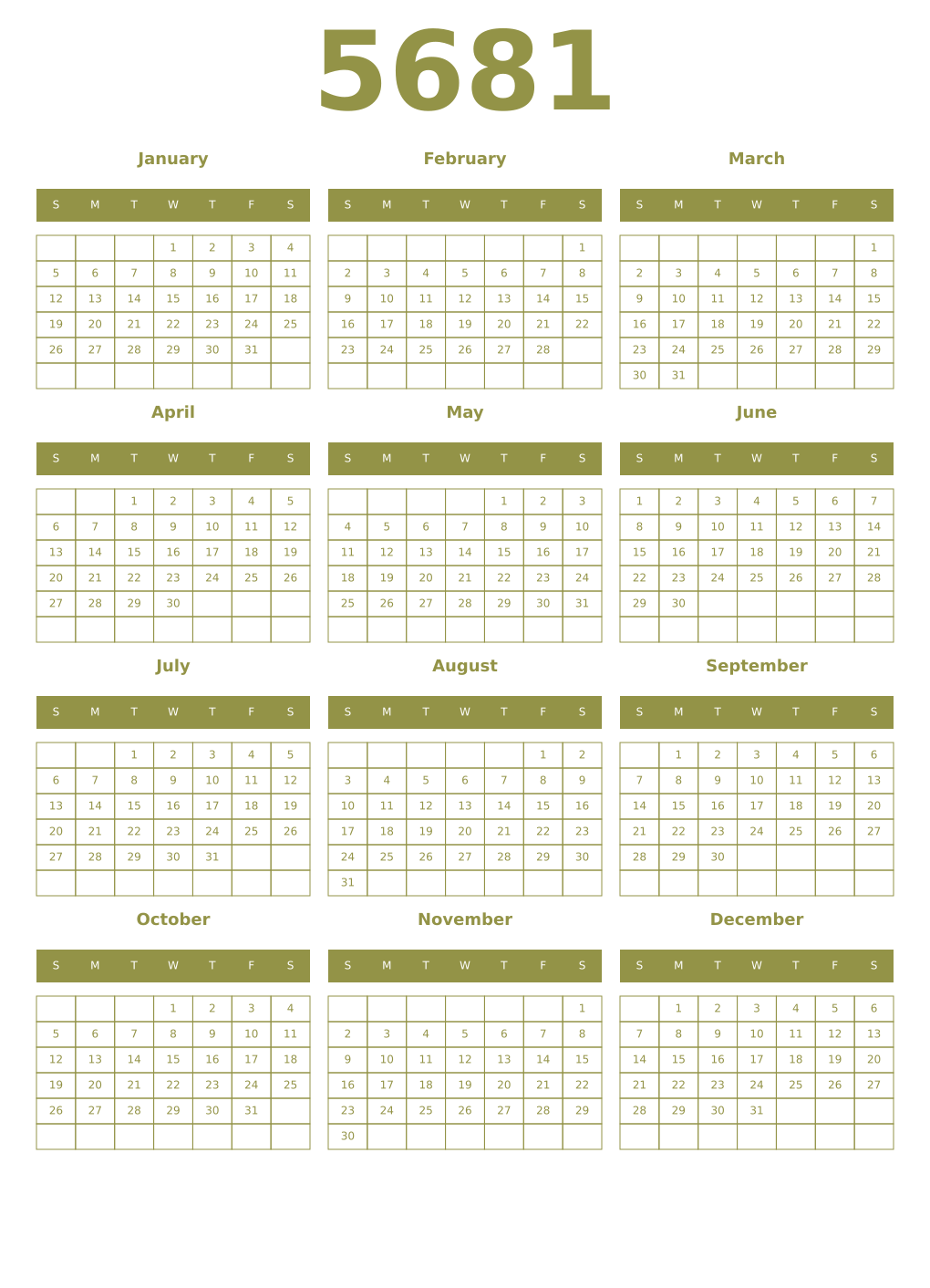 Printable 5681 Year Calendars eburnean