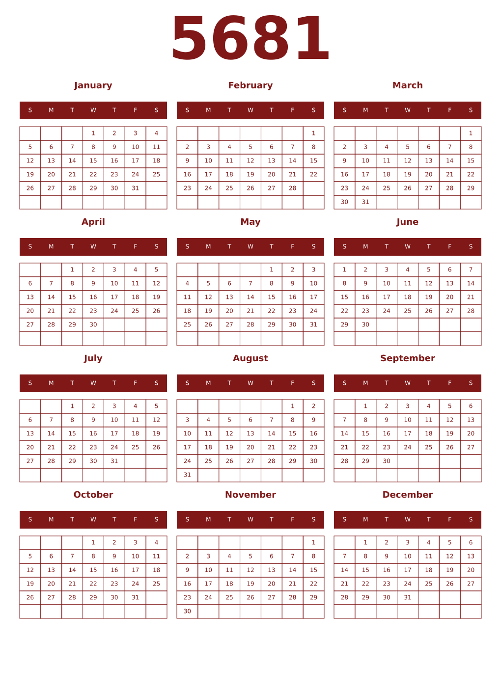 Printable 5681 Year Calendars falu