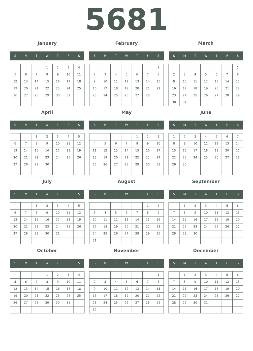 Printable 5681 Year Calendars feldgrau