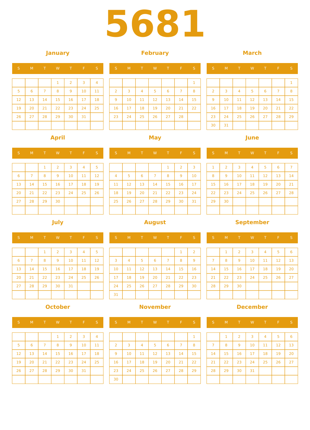 Printable 5681 Year Calendars gamboge