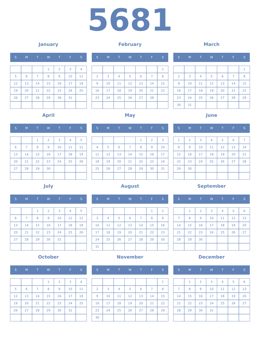Printable 5681 Year Calendars glaucous