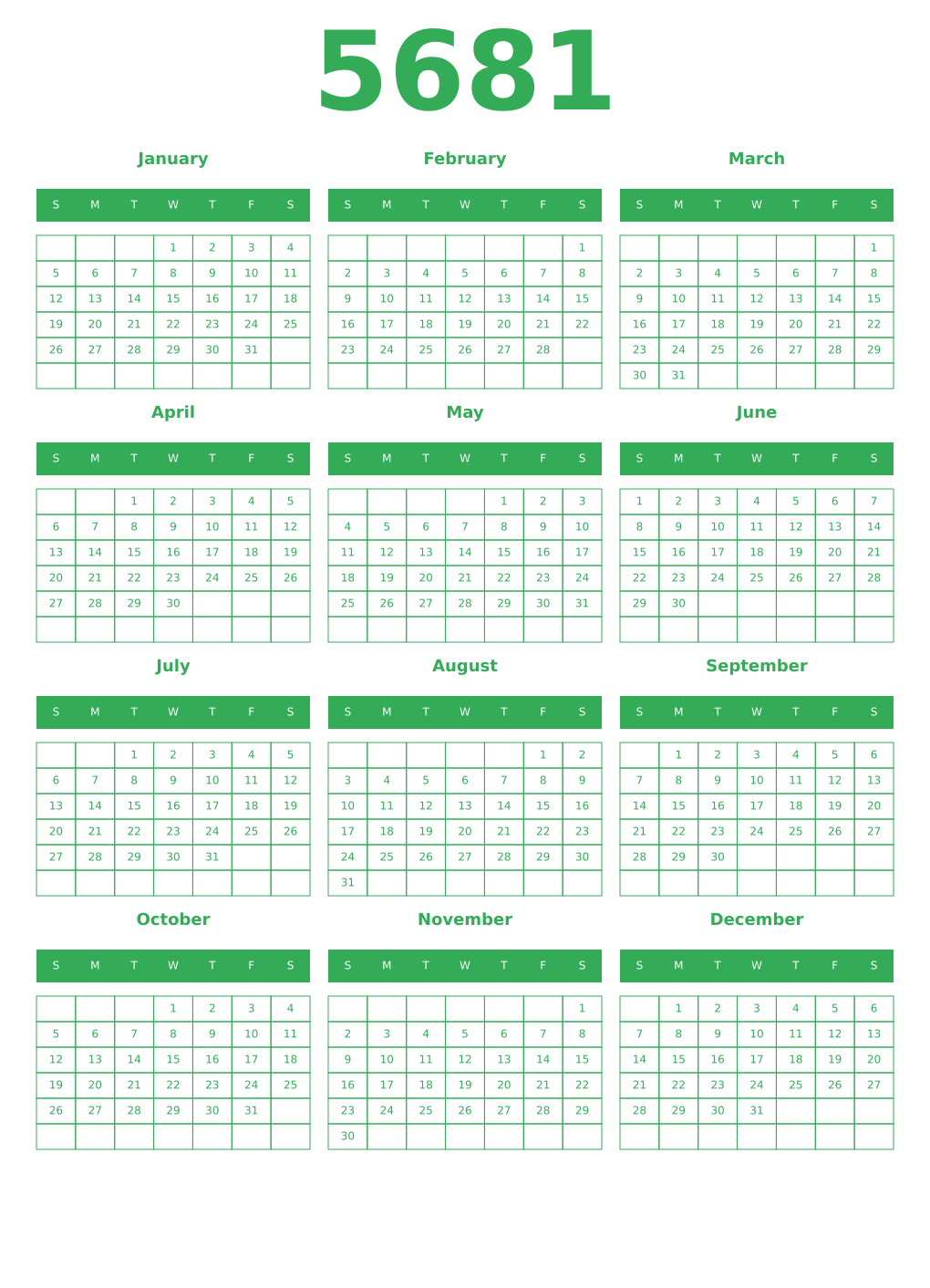Printable 5681 Year Calendars green
