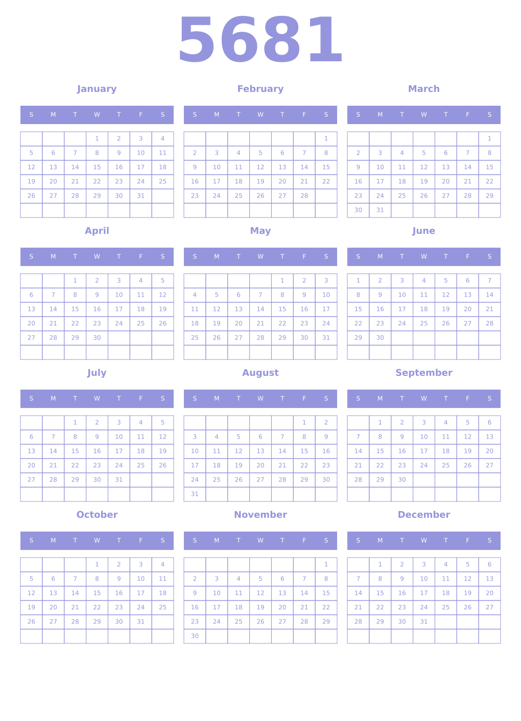 Printable 5681 Year Calendars periwinkle