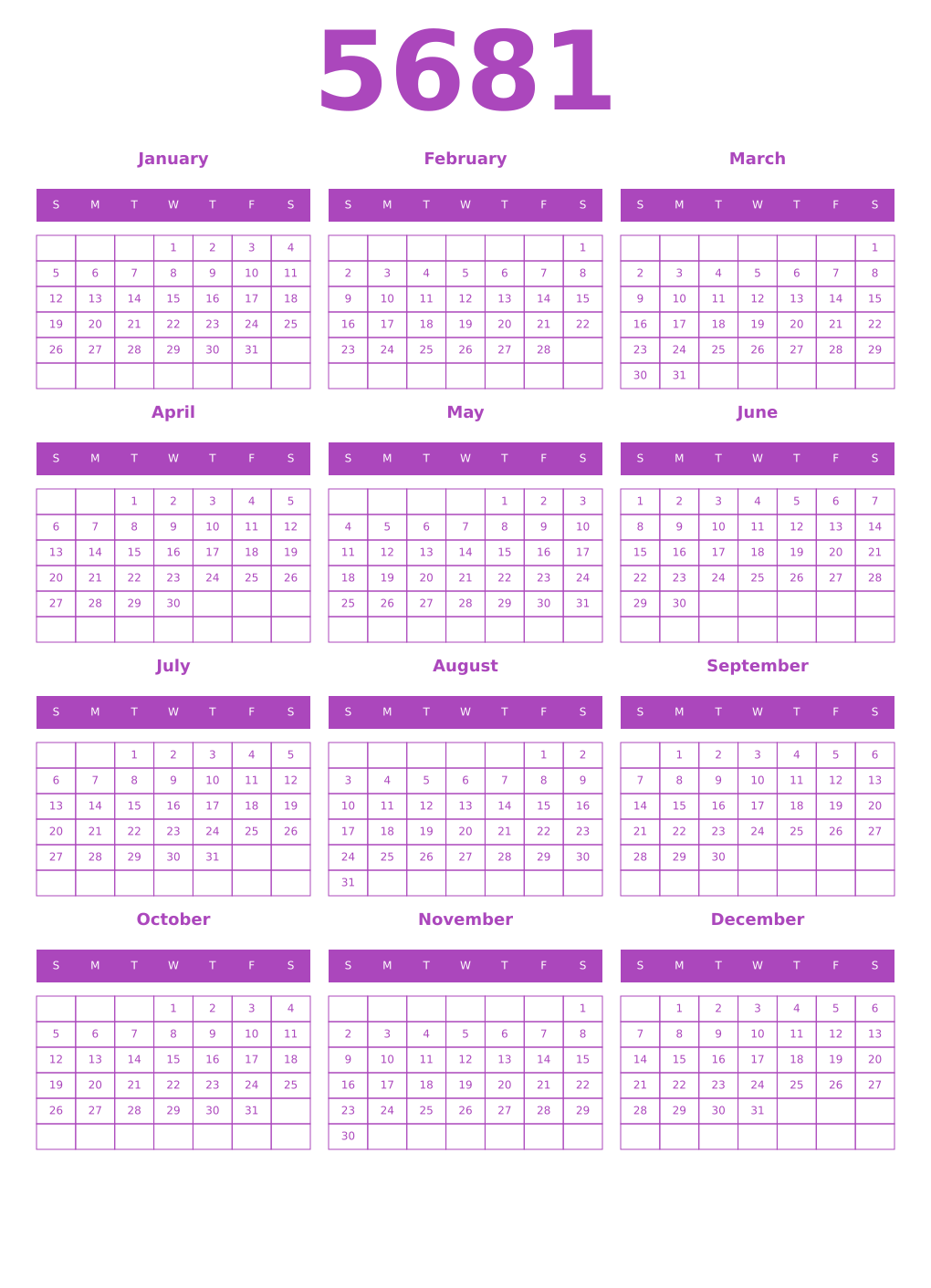 Printable 5681 Year Calendars purple