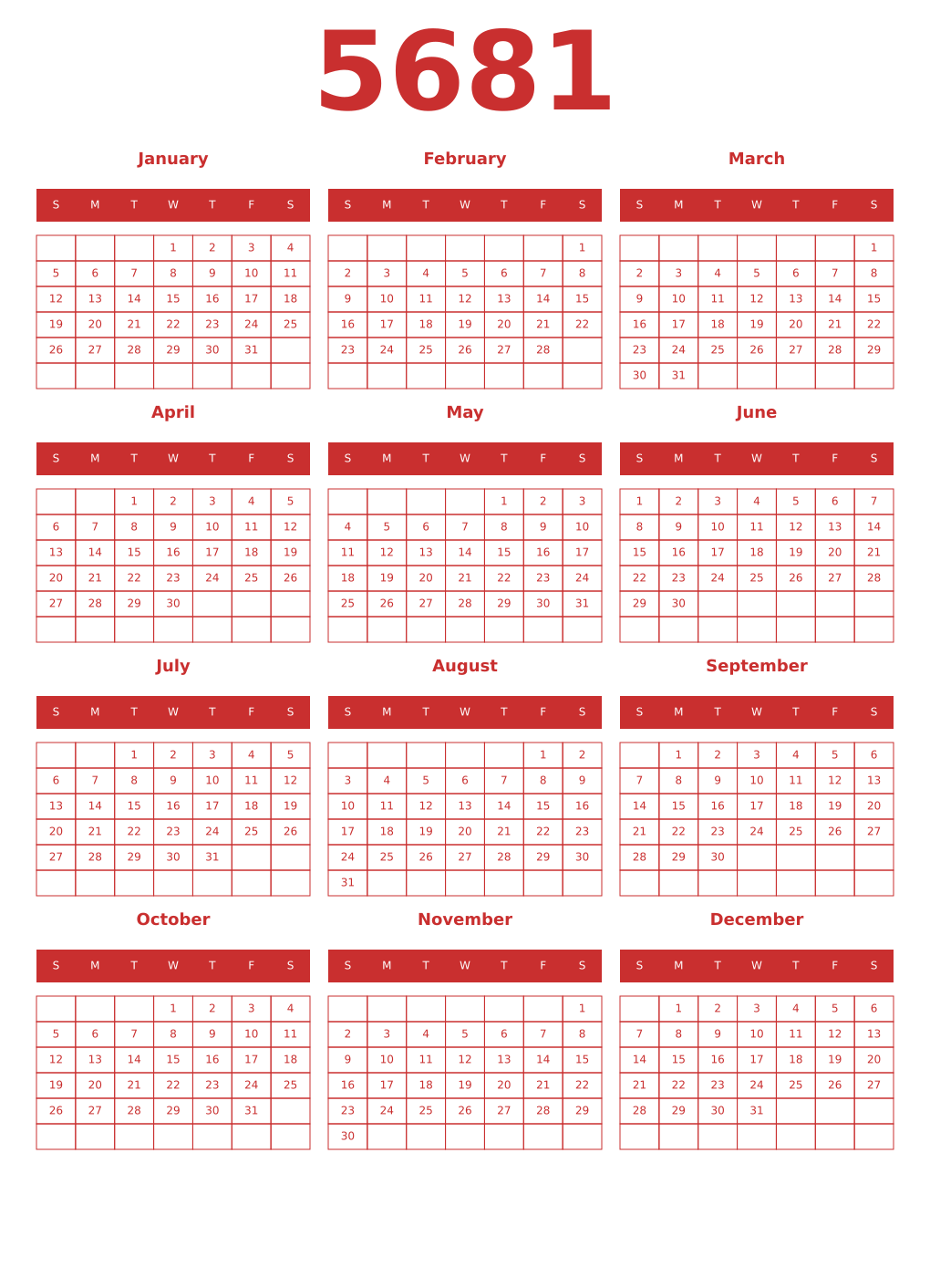 Printable 5681 Year Calendars red