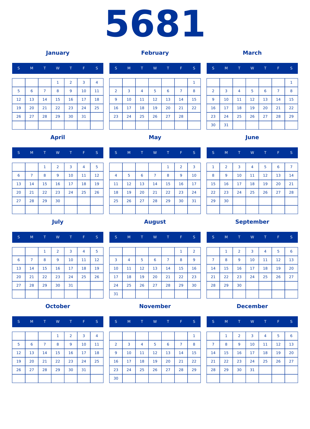 Printable 5681 Year Calendars smalt