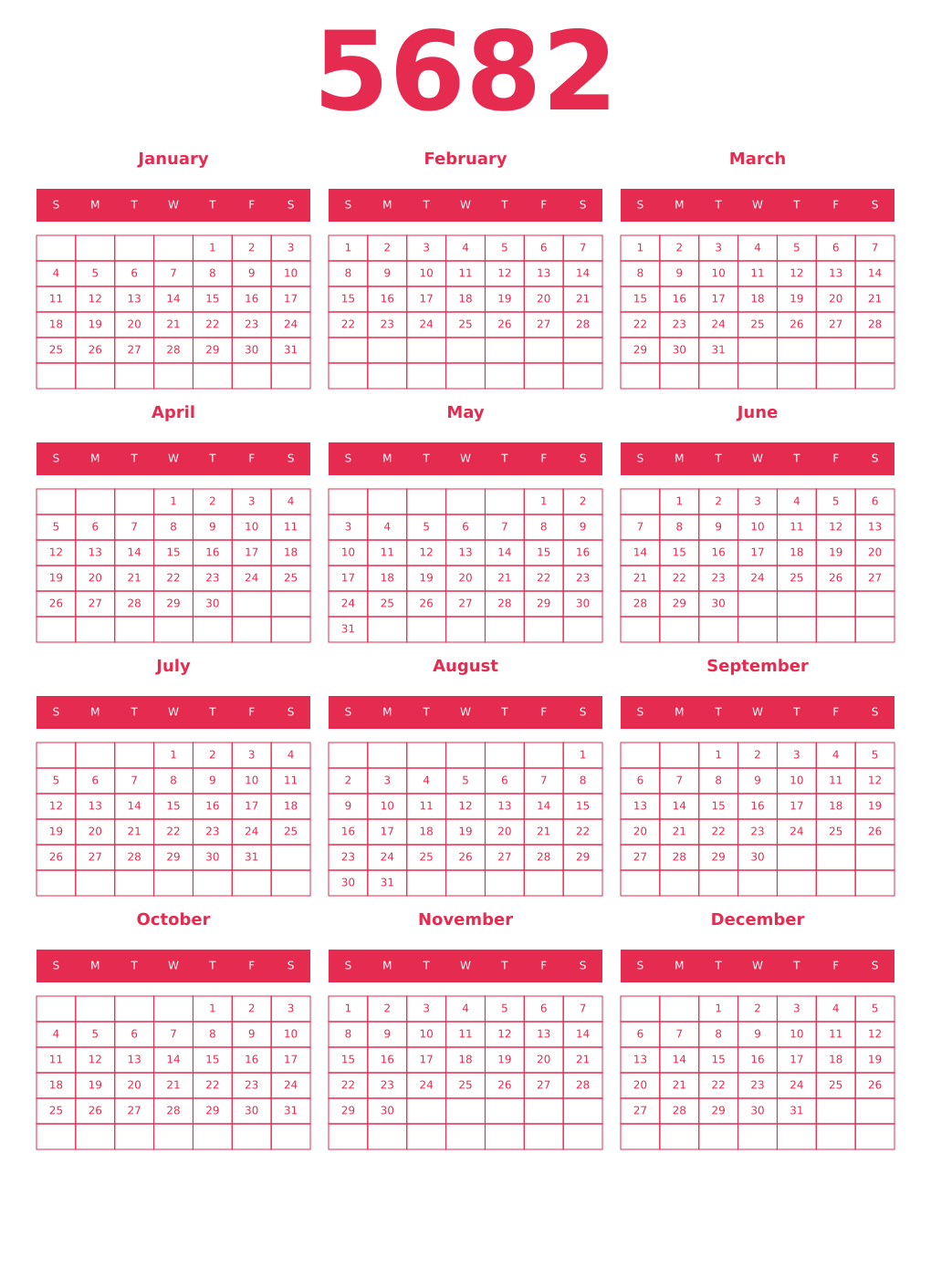 Printable 5682 Year Calendars amaranth