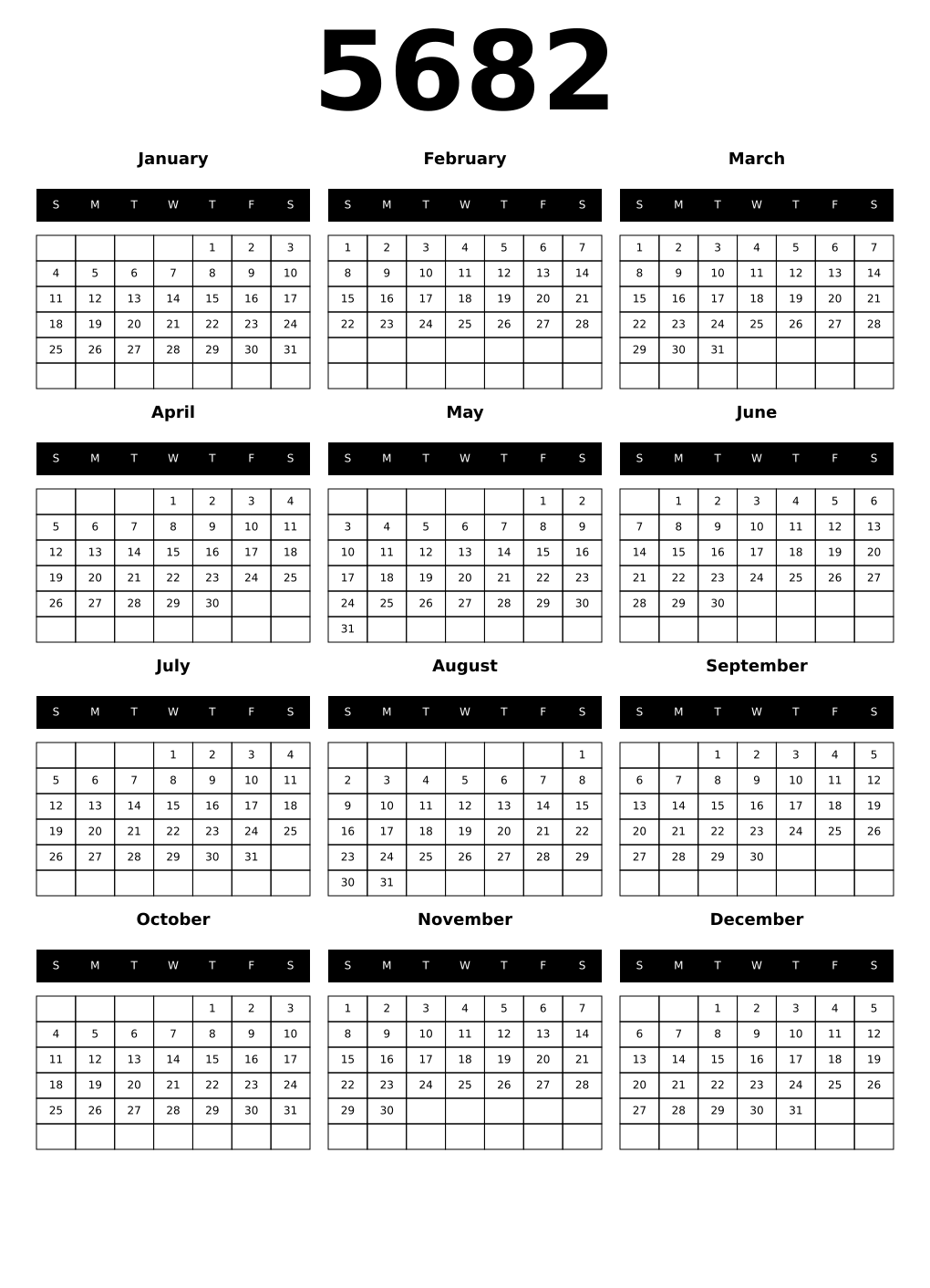 Printable 5682 Year Calendars black