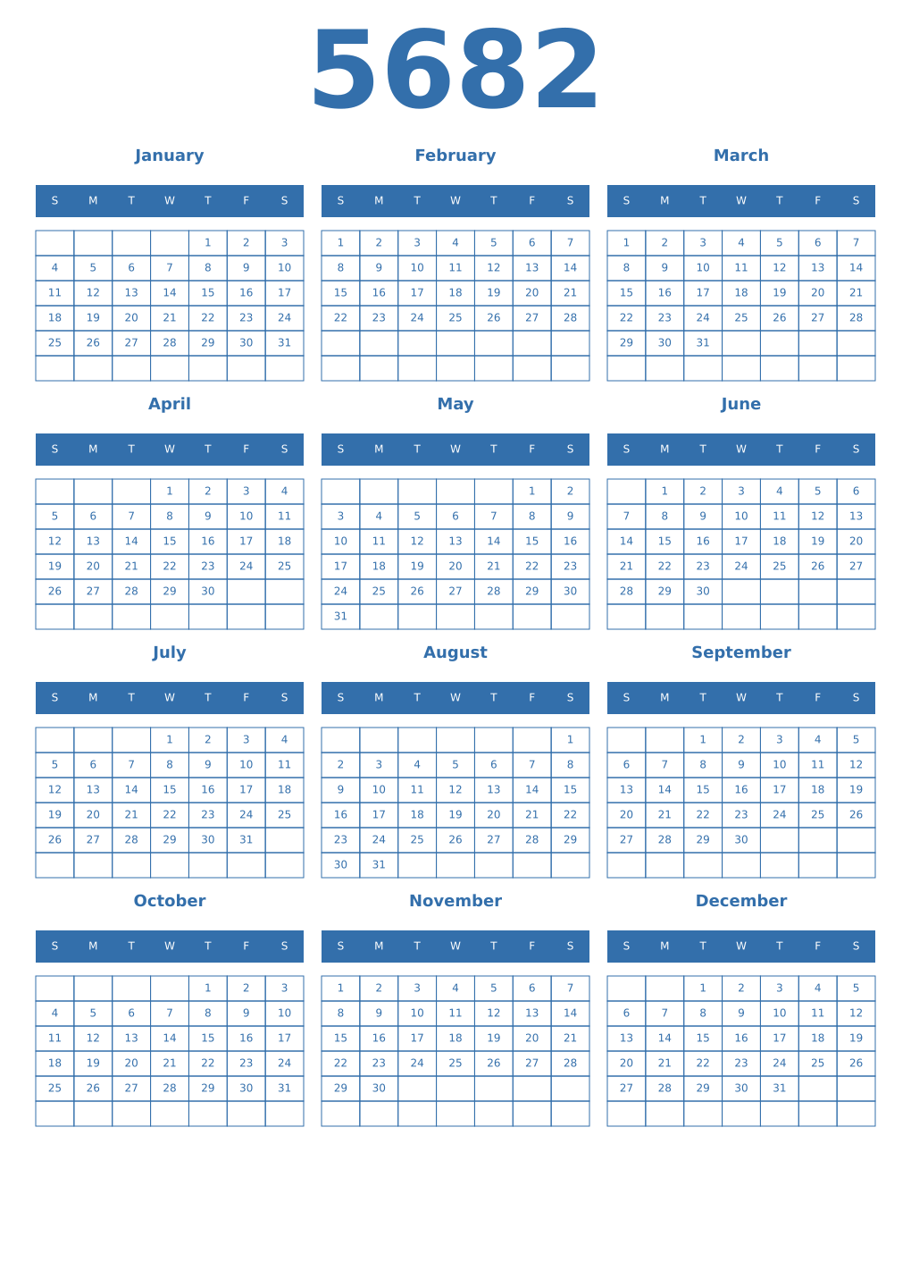 Printable 5682 Year Calendars blue