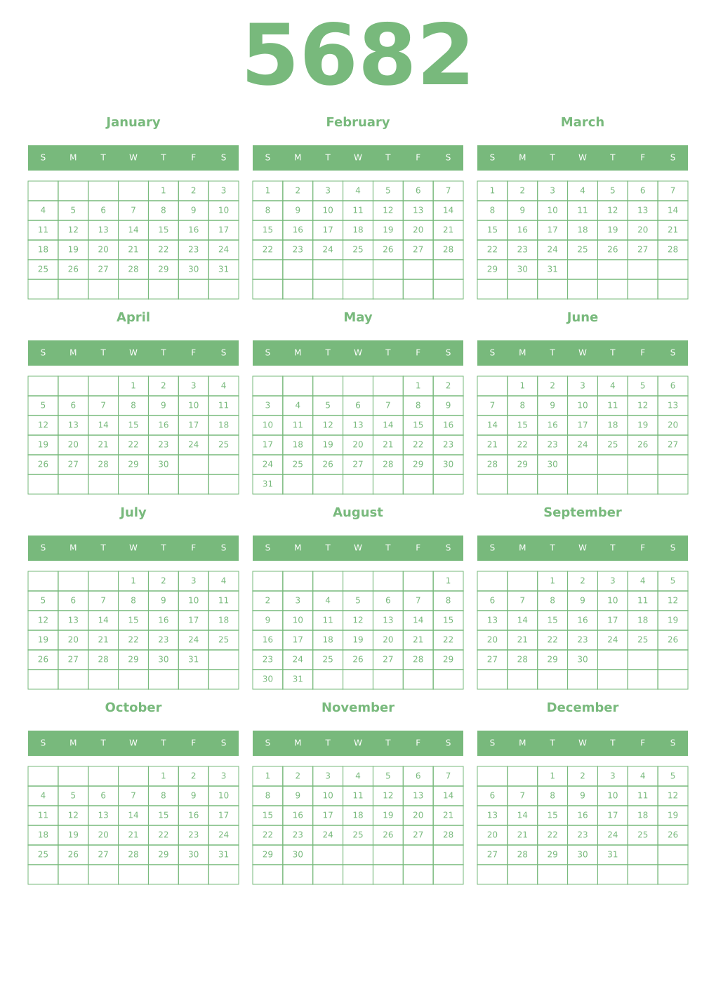 Printable 5682 Year Calendars celadon