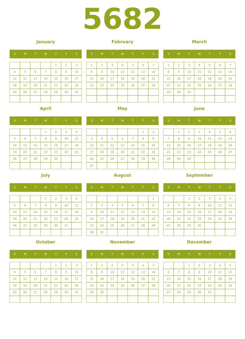 Printable 5682 Year Calendars chartreuse