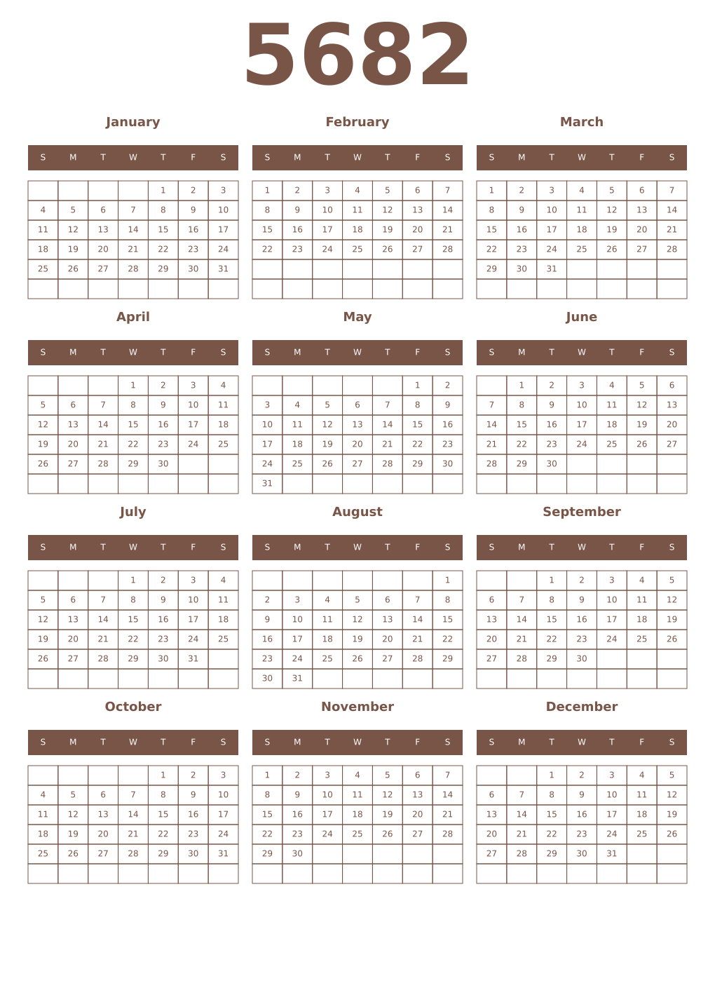 Printable 5682 Year Calendars coffe