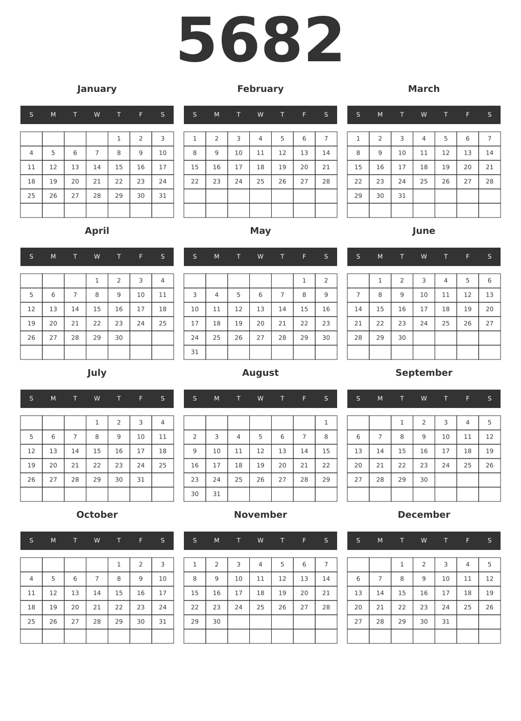 Printable 5682 Year Calendars dark