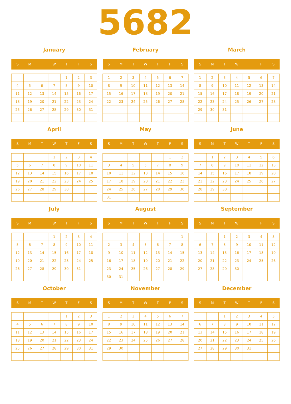 Printable 5682 Year Calendars gamboge