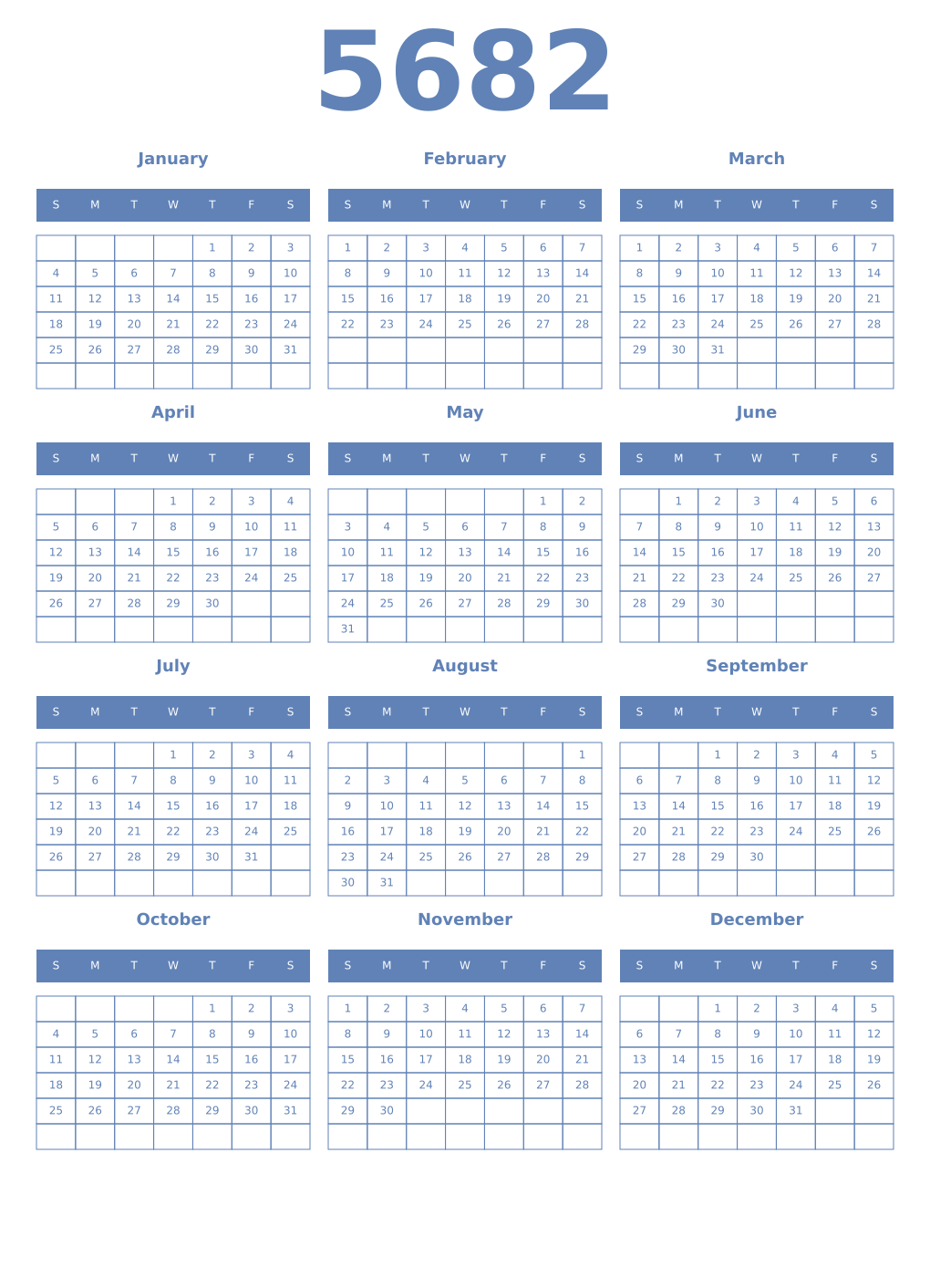 Printable 5682 Year Calendars glaucous