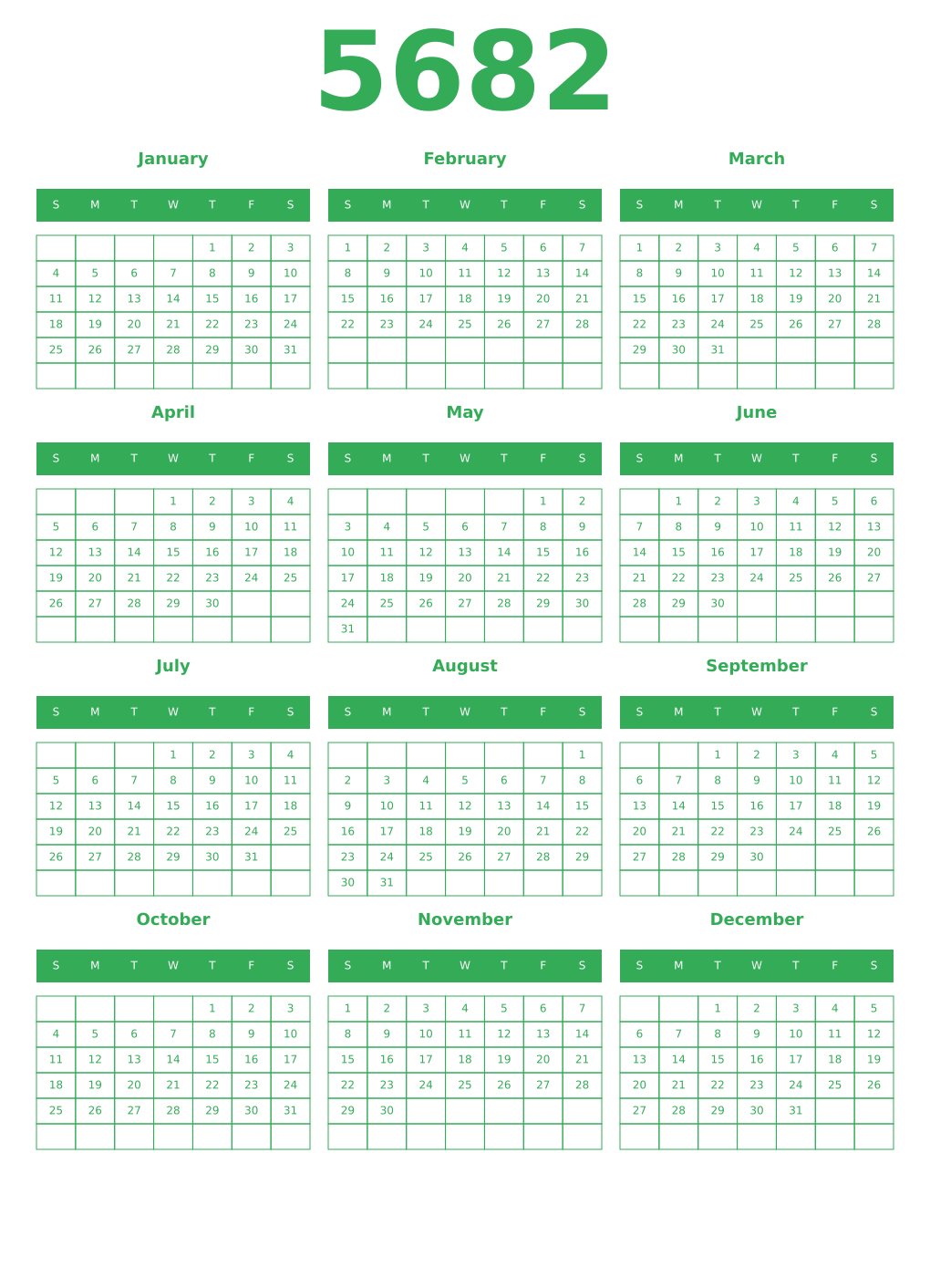 Printable 5682 Year Calendars green