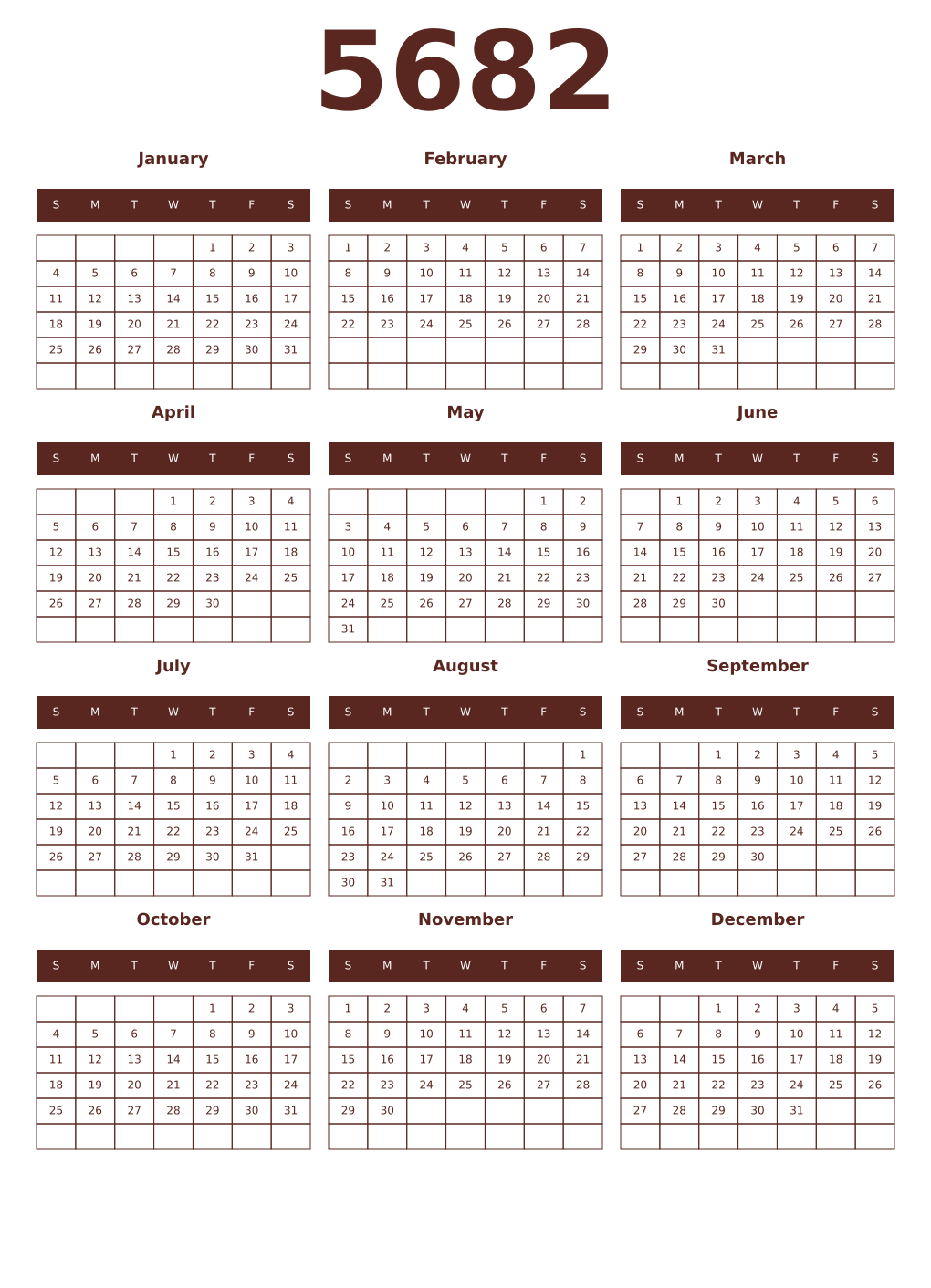 Printable 5682 Year Calendars mortuum