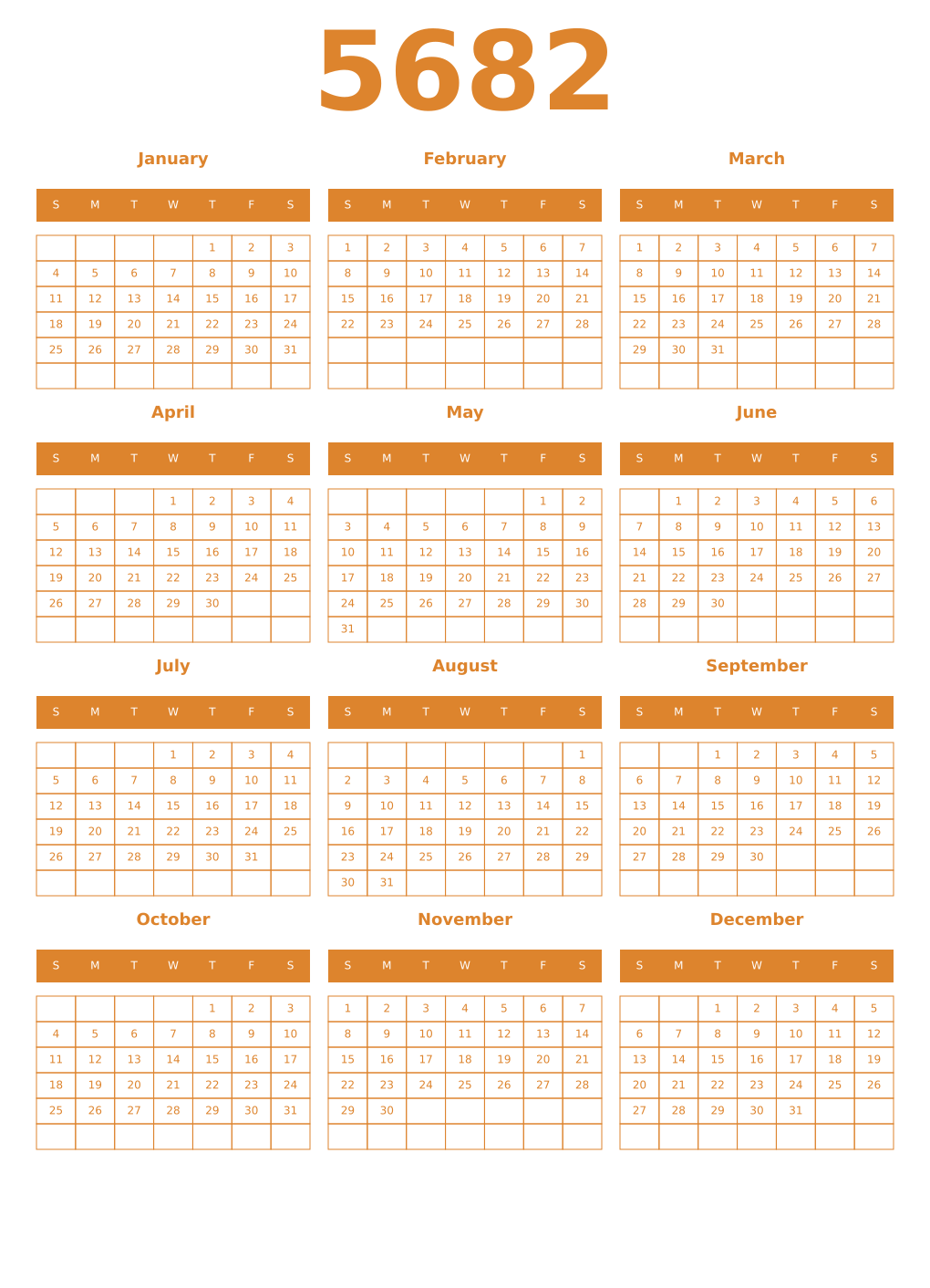 Printable 5682 Year Calendars orange