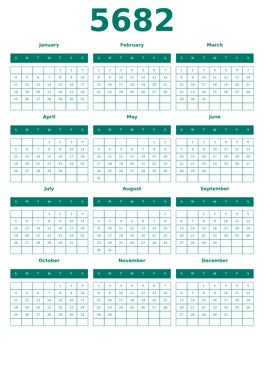 Printable 5682 Year Calendars pastel