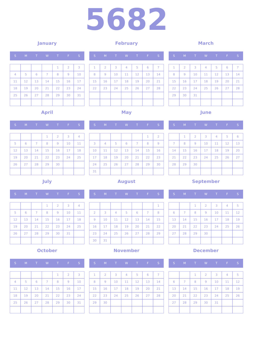 Printable 5682 Year Calendars periwinkle