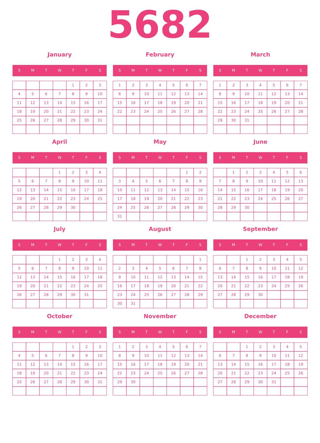 Printable 5682 Year Calendars pink