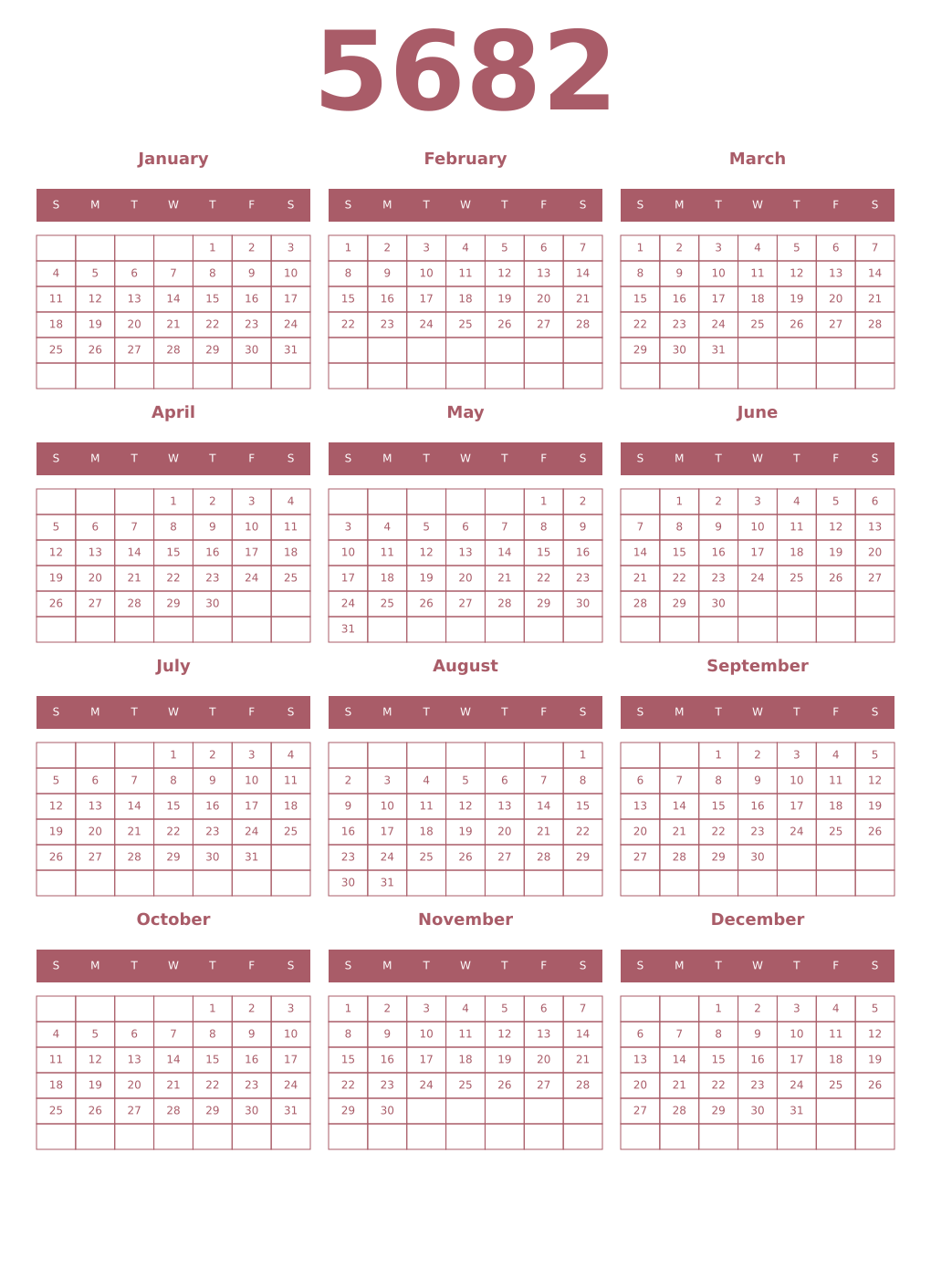 Printable 5682 Year Calendars puce