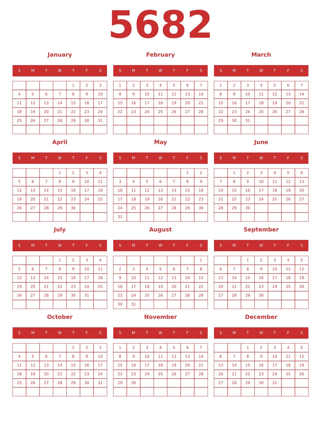 Printable 5682 Year Calendars red
