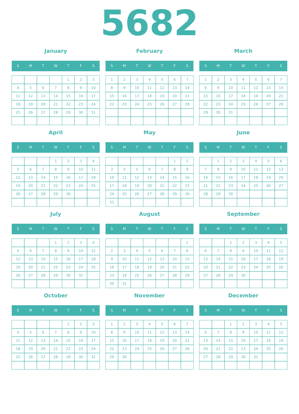 Printable 5682 Year Calendars verdigris