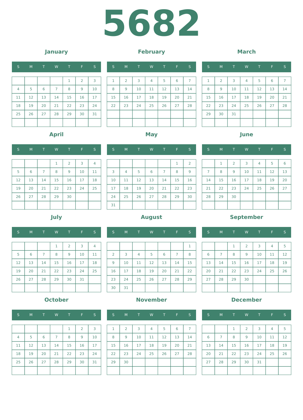 Printable 5682 Year Calendars viridian