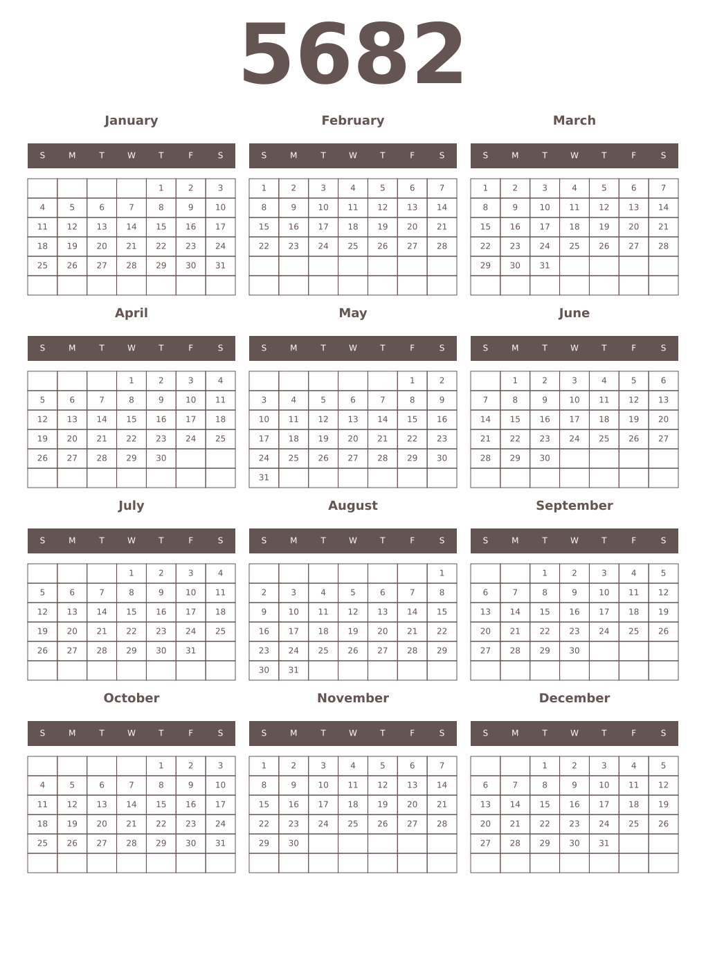 Printable 5682 Year Calendars wenge