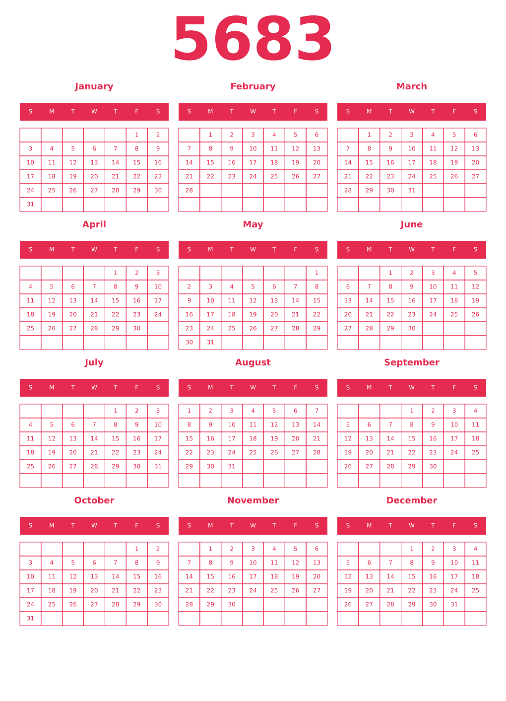 Printable 5683 Year Calendars amaranth