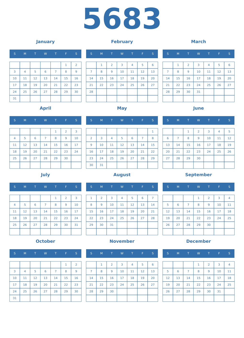 Printable 5683 Year Calendars blue