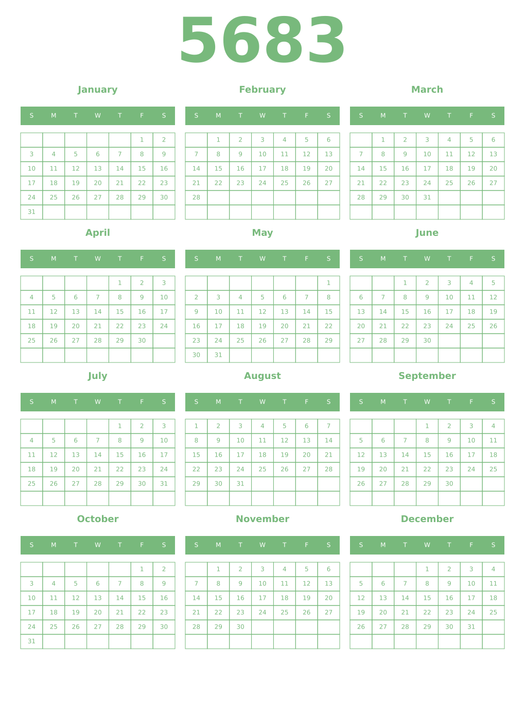 Printable 5683 Year Calendars celadon
