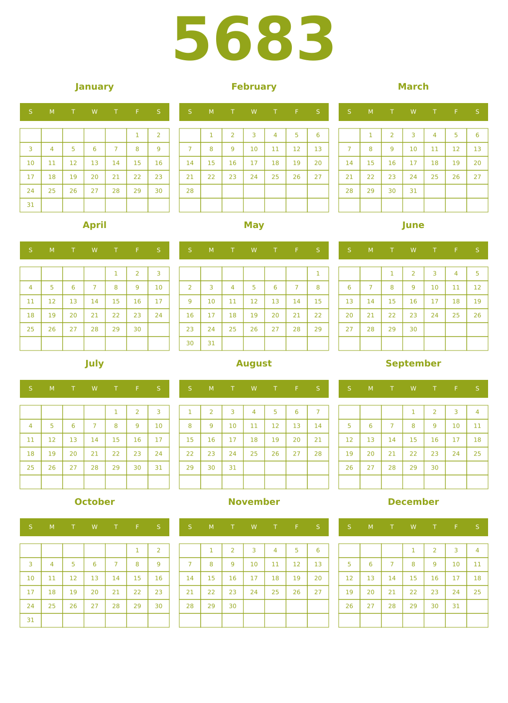 Printable 5683 Year Calendars chartreuse