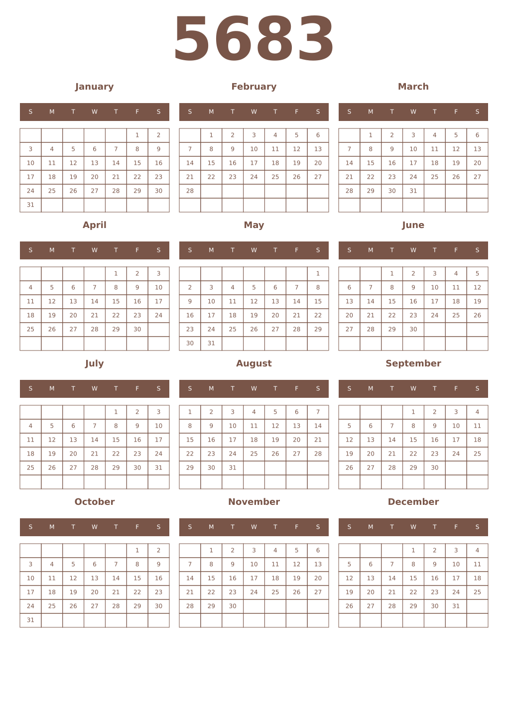 Printable 5683 Year Calendars coffe