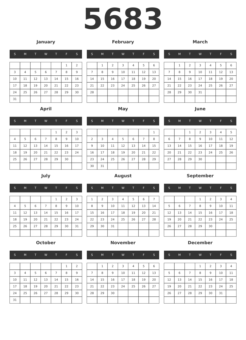 Printable 5683 Year Calendars dark