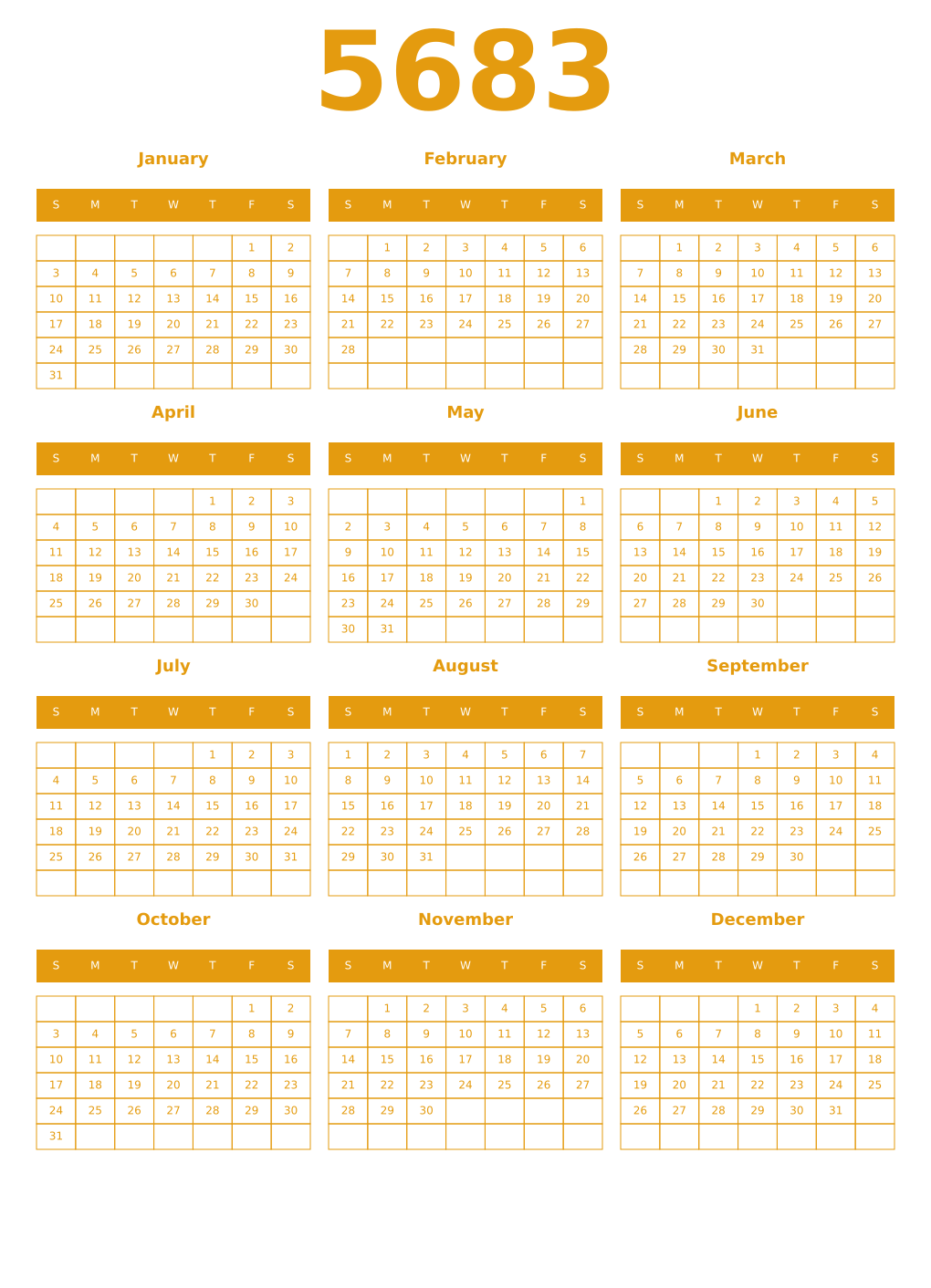 Printable 5683 Year Calendars gamboge