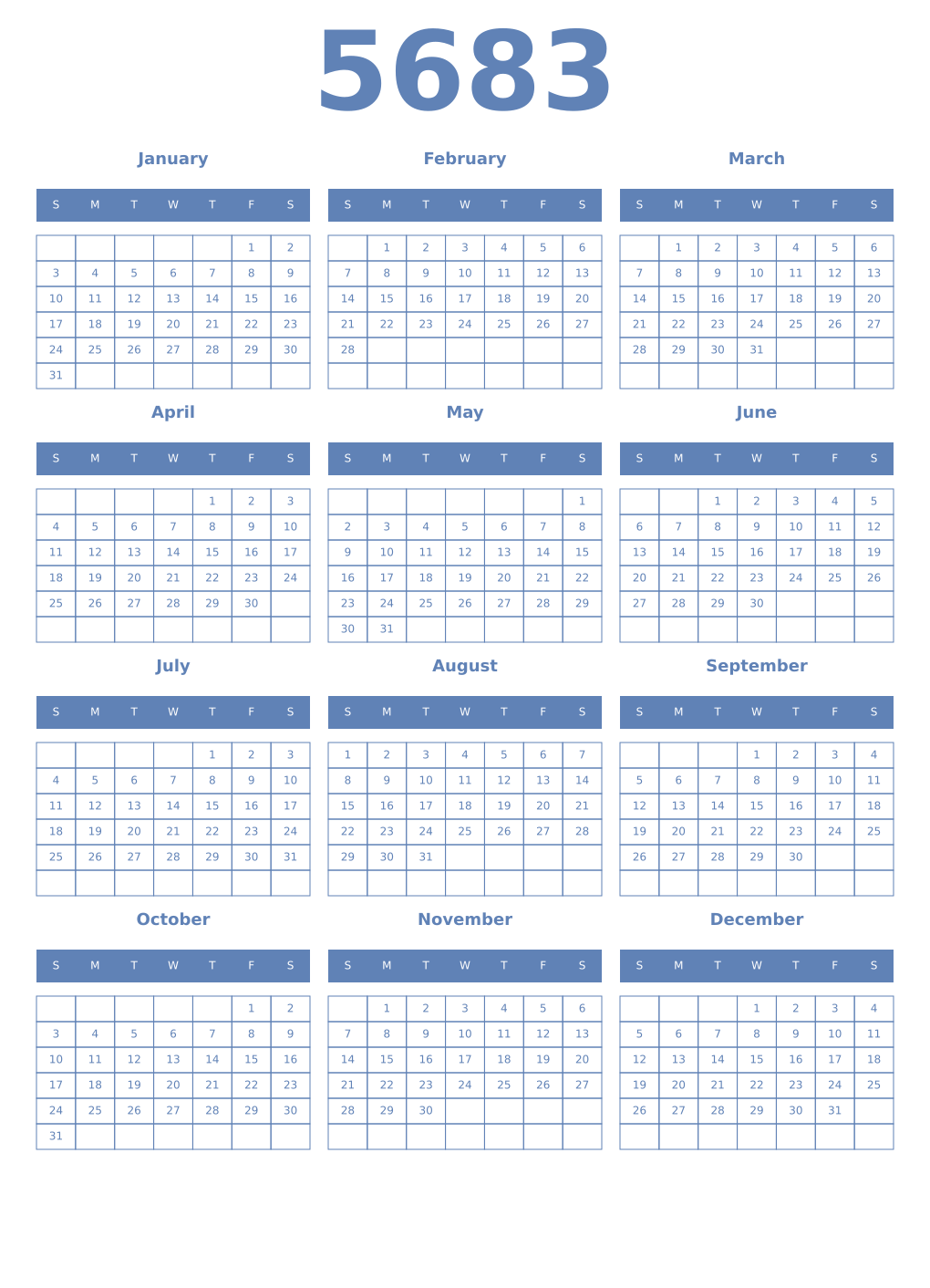 Printable 5683 Year Calendars glaucous
