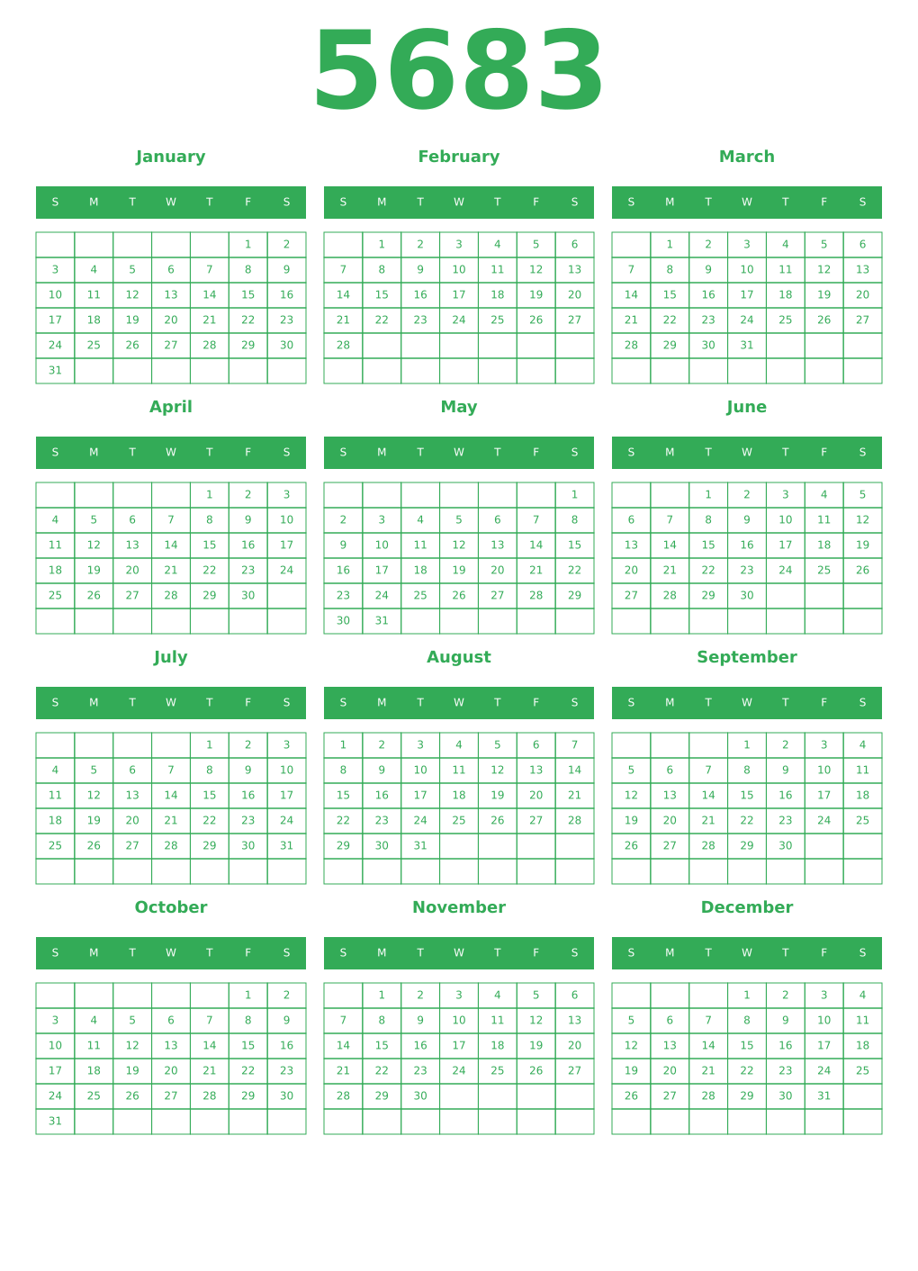 Printable 5683 Year Calendars green