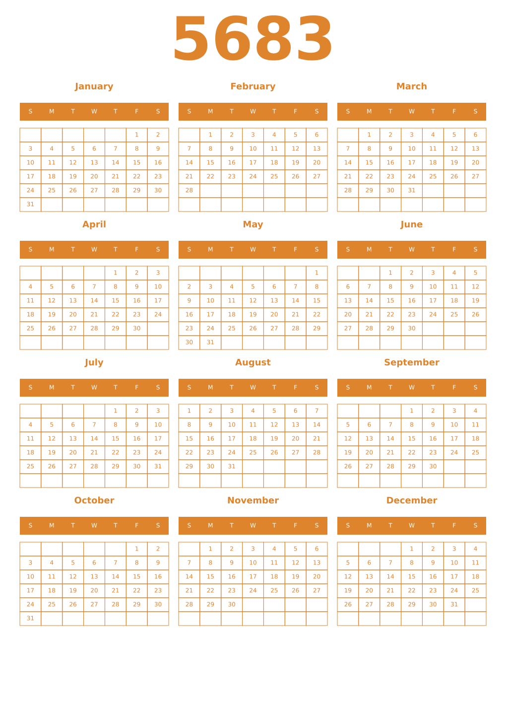 Printable 5683 Year Calendars orange