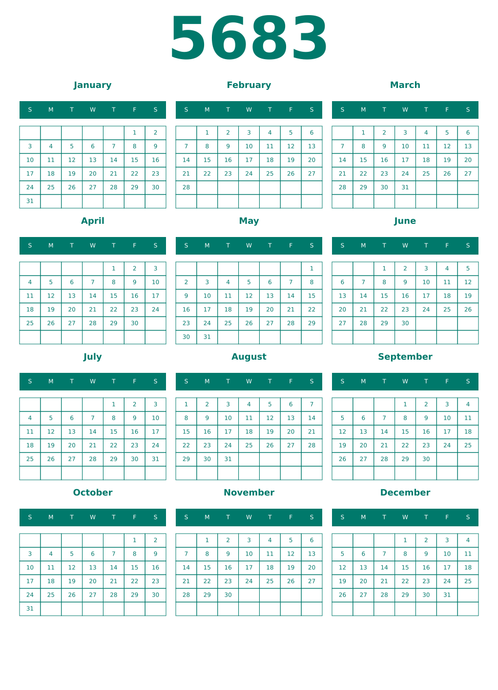 Printable 5683 Year Calendars pastel