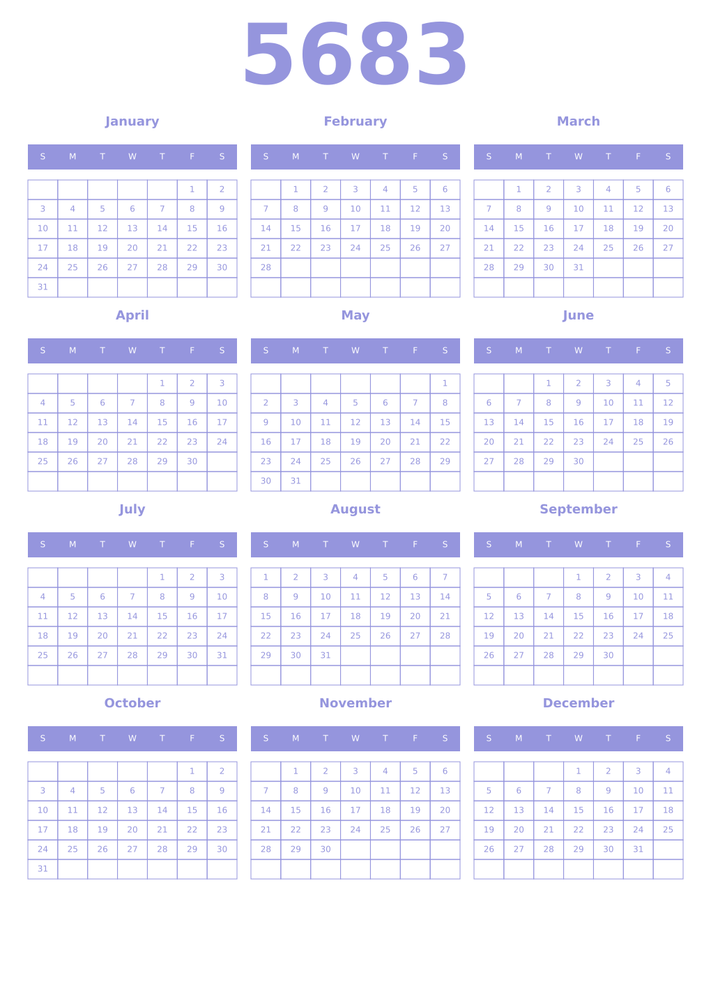 Printable 5683 Year Calendars periwinkle